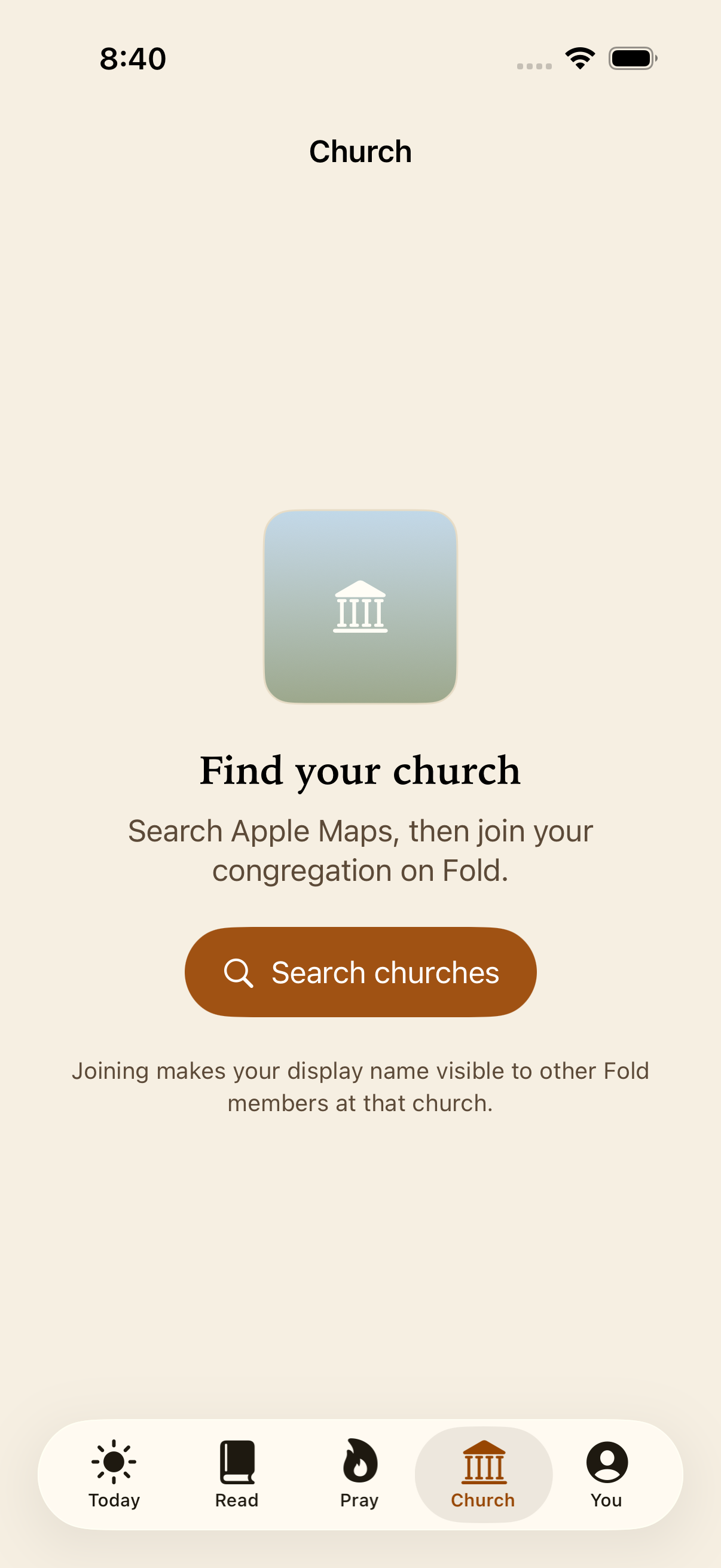 Fold church discovery screen.
