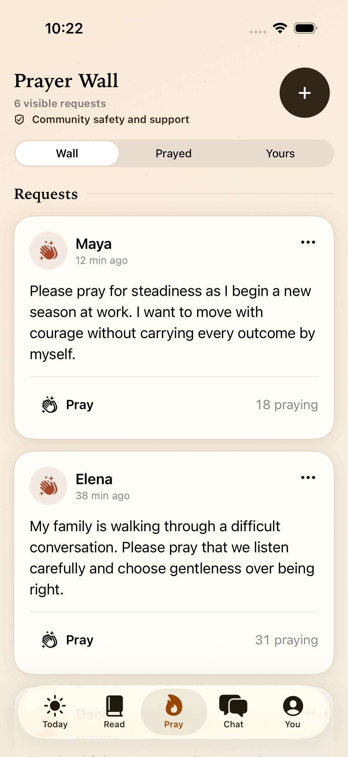 Fold Prayer Wall showing fictional community prayer requests.