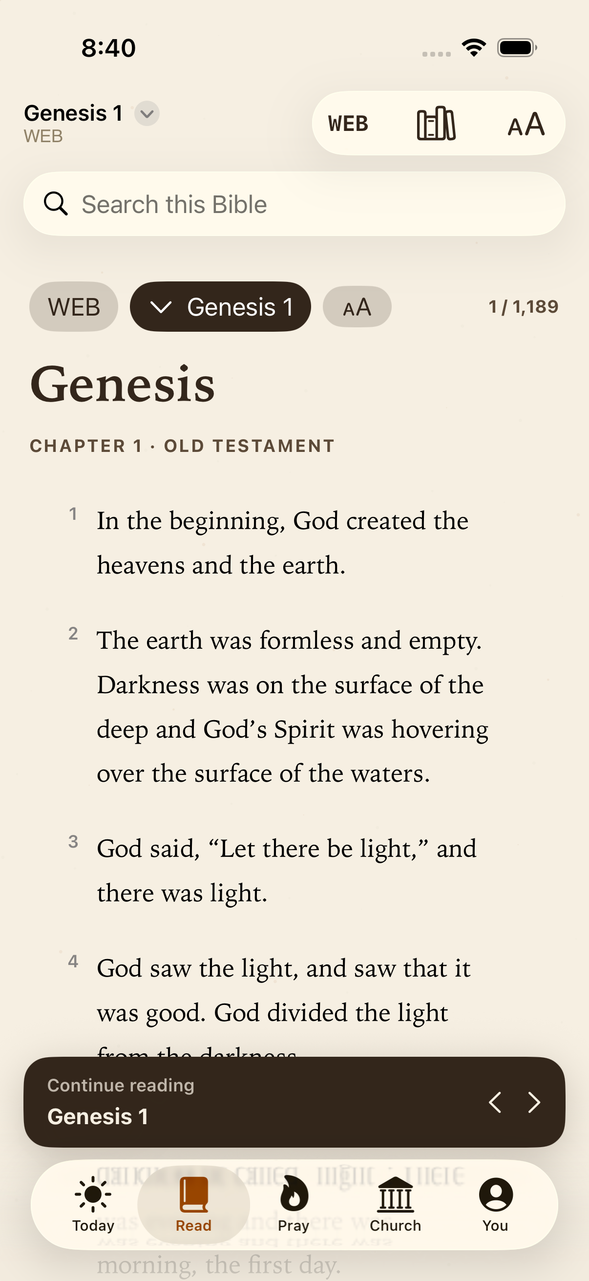 Fold Scripture reader showing Genesis chapter one.