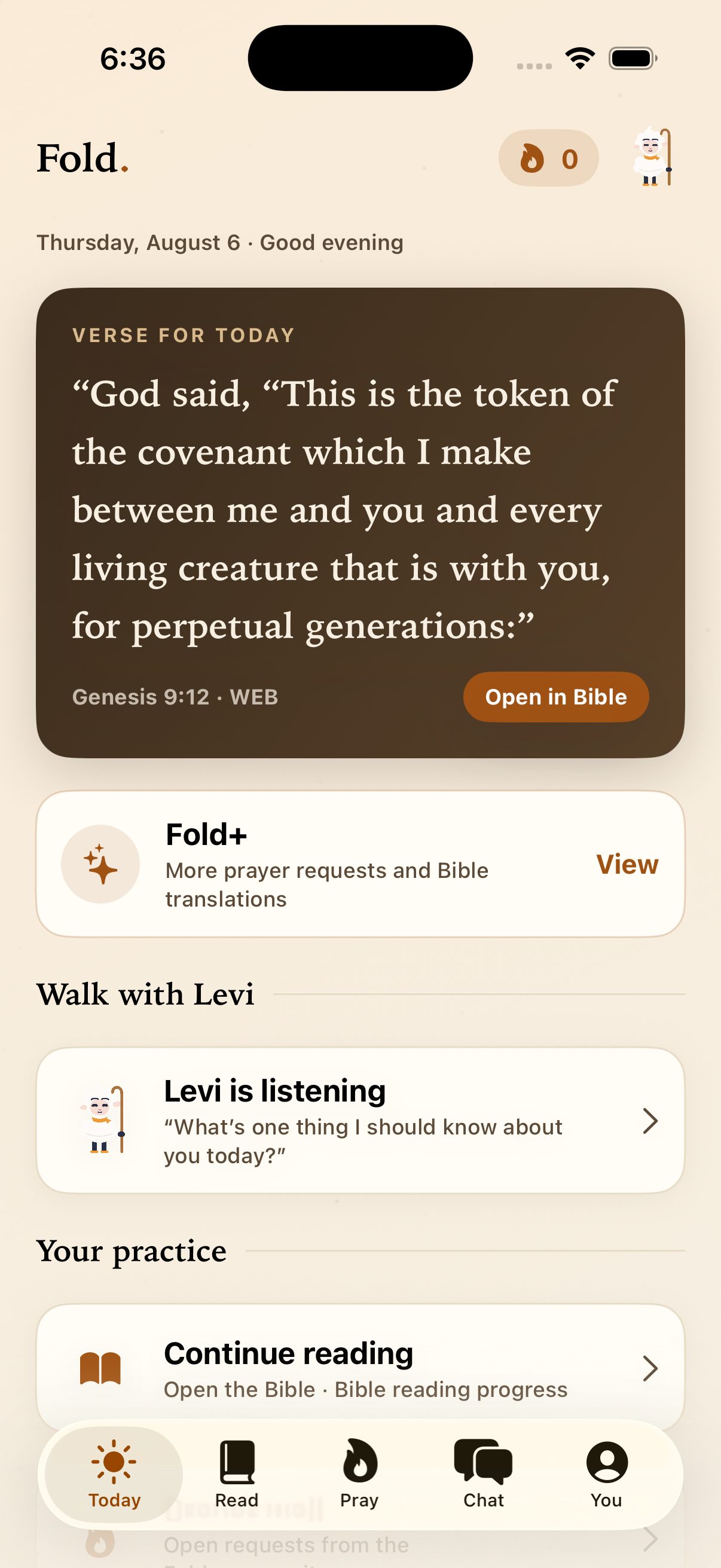Fold Today screen with a verse, daily practice, and Levi companion prompt.