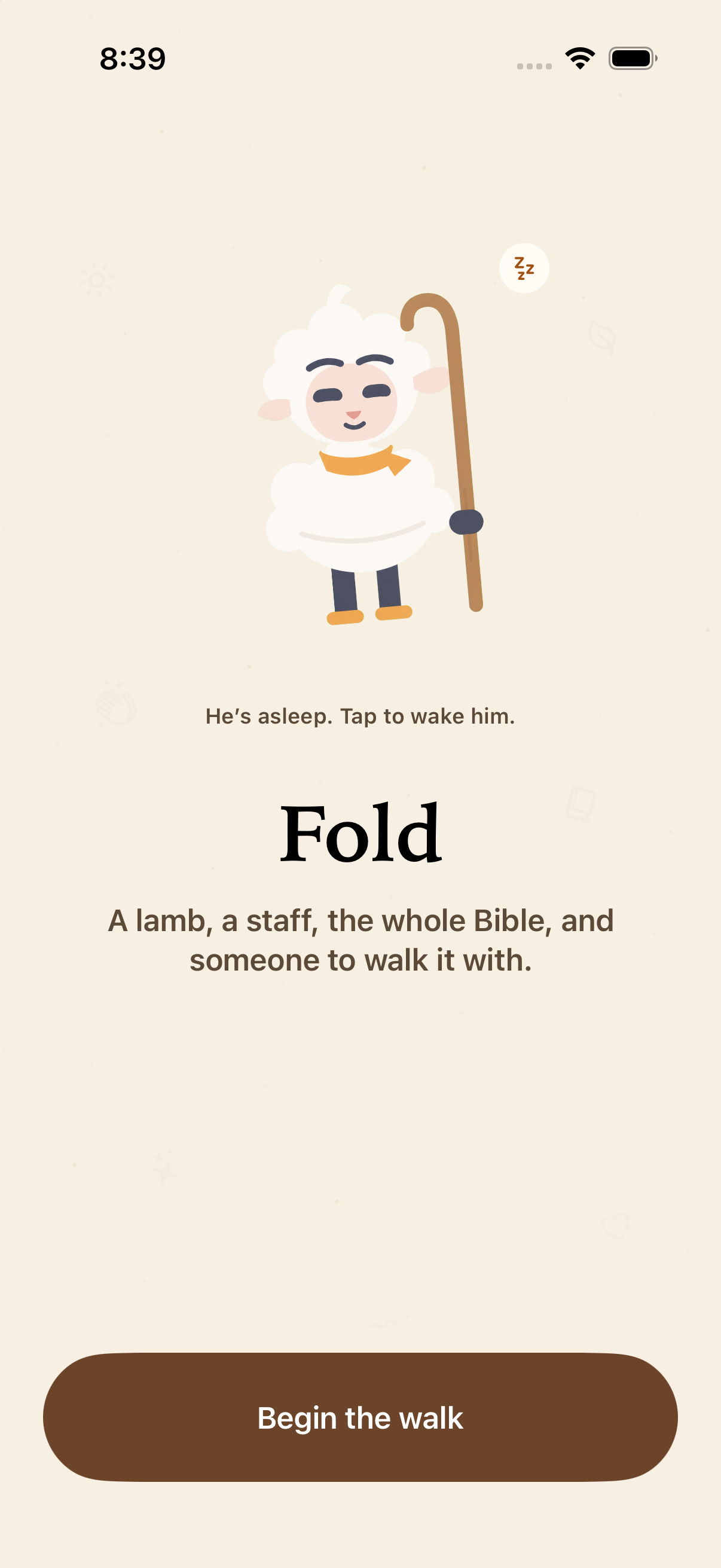 Fold welcome screen with Levi and a Begin the walk button